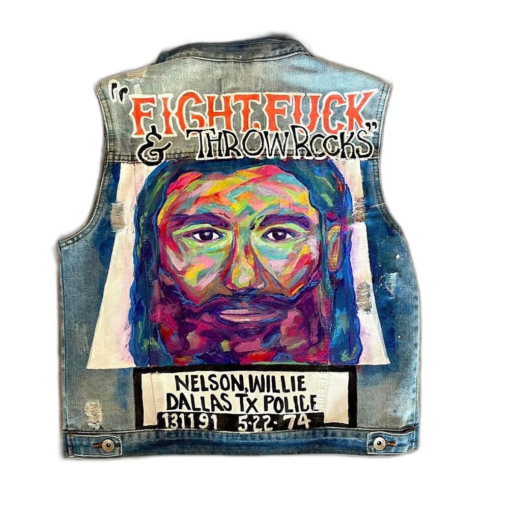 Hand painted Willie Nelson (1974 mugshot) Pop Art Style Denim Vest